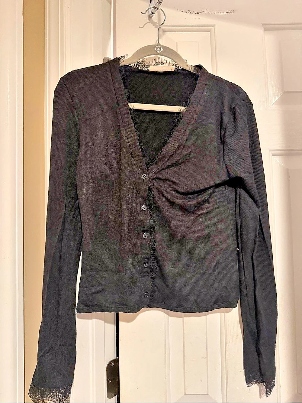 ZENANA Black Ribbed Lace-Trim Cardigan Size M